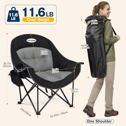 Coldbee Oversized Heavy Duty Camping Chair with Padded Headrest, Insulated Cooler & Cup Holders - Black (Unheated Variant)