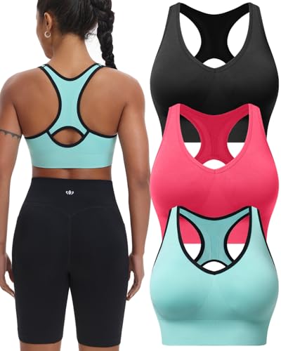 High Support Sports Bras for Women 3 Pack - Large Black Red Mint-green - Seamless Padded V Neck Racerback Yoga