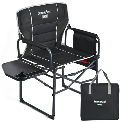 SUNNYFEEL Black Oversized Camping Director Chair with Side Table & Storage