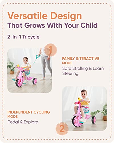 KRIDDO 2-in-1 Toddler Tricycle with Push Handle and Pink Eva Wheel - Ages 1.5-3