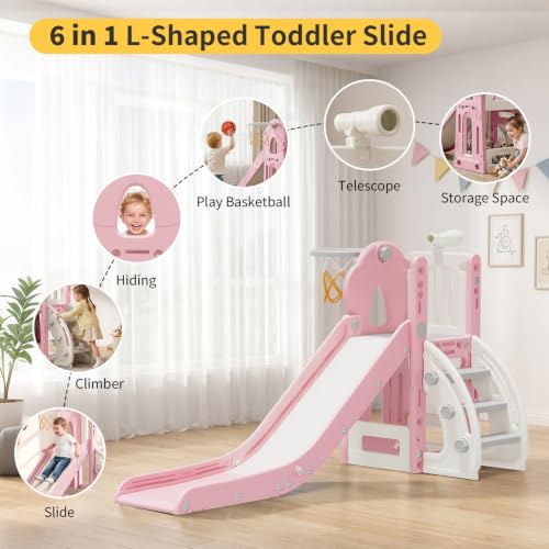 Pink 6 in 1 Toddler Indoor Outdoor Slide for 1-3 Year Olds, Foldable Playset