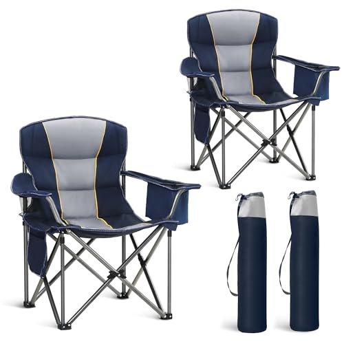 Twin Pack Oversized Folding Camping Chairs Support 450 LBS Blue - Portable Outdoor Seating