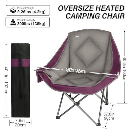 CAMPHILL Purple Heated Camping Chair with Padded Seat & Cup Holder - Oversized Folding Lawn Chair, Heavy Duty, Portable for Outdoor Use