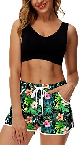 Women Board Shorts Hawaiian Tropical Print Beach Swim Shorts with Pockets - Medium Floral Palm