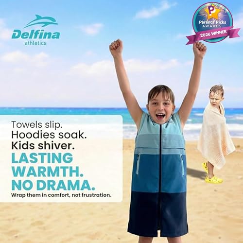Delfina Kids Swim Parka for Ages 9-14, Water-Resistant Unisex Youth Jacket with Removable Sleeves & Hood, Blue