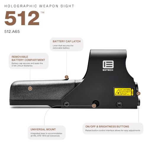 EOTECH 512.A65 Holographic Weapon Sight - 68 MOA Ring & 1 MOA Dot, Water Resistant, Fits Weaver & MIL-STD Rails