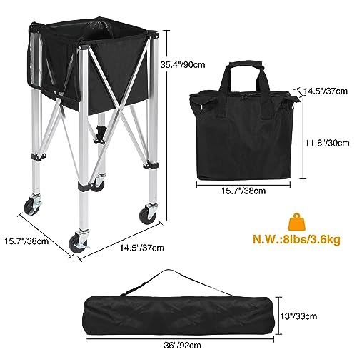 Silver Aluminum Portable Tennis Ball Hopper with 180 Capacity & 4 Wheels - Detachable Oxford Bag, Black