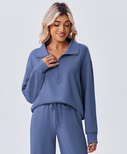 PINSPARK 2 Piece Women’s 1/2 Zip Sweatsuit Set Fall Matching Outfit - Petite / Large / Dark Blue