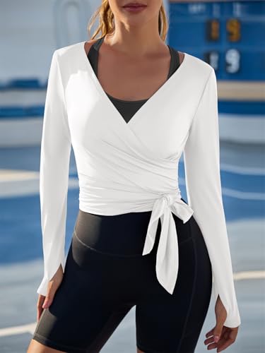 Women's Wrap Tie Crop Top - Long Sleeve Workout Activewear - White, Small