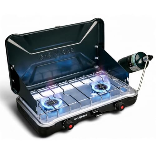 GasOne PS-2500MBA Portable Camping Stove - Double Propane Cooktop with Auto Ignition - Midnight Blue