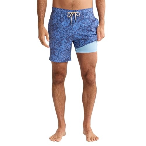 Fair Harbor Bayberry Men's Swim Trunks with Liner - 7-inch Inseam, Anti-Chafe, Classic Fit, Large Island Blue Leaves