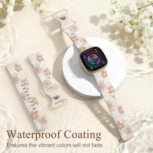 GEAK Floral Design Watch Band for Fitbit Sense/Sense 2/Versa 3/4 - Starlight Nude Flower, Silicone Replacement Wristband for Women & Men