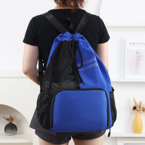 Valleycomfy Blue Unisex Drawstring Gym Backpack with Reflective Strips