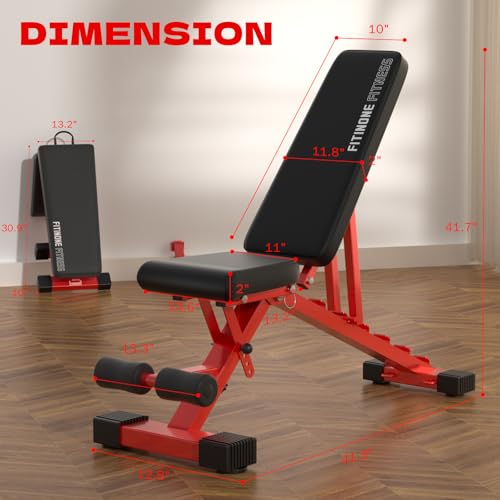 FitinOne Adjustable Weight Bench Black-Red, Foldable 800LBS Home Gym Equipment