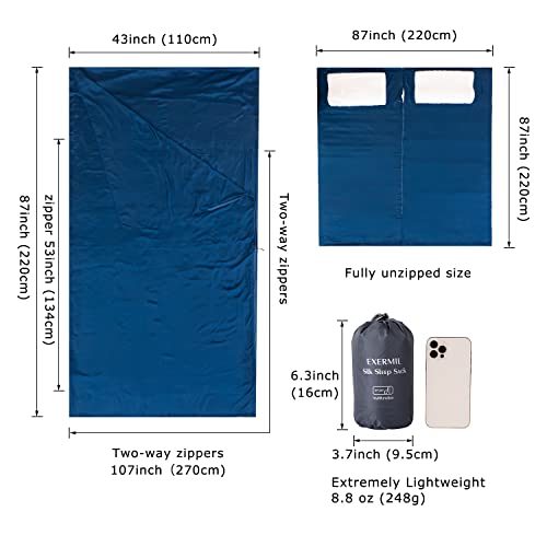 EXERMIL Navy Blue Silk Sleep Sack with Zippers - Large Travel & Camping Sheet, 87x43 inches, All Seasons, Unzips to Bed Sheet, Lightweight
