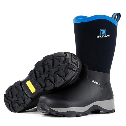 Trudave Men's Black Rubber Rain Boots with Steel Shank, Waterproof Insulated Mid-Calf Work Boots 5.5mm Neoprene, Size 11