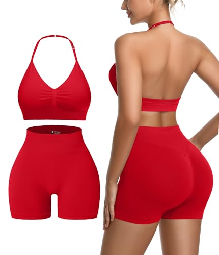 Red Women's Workout Sets Padded Sports Bra & High Waist Yoga Shorts - Medium