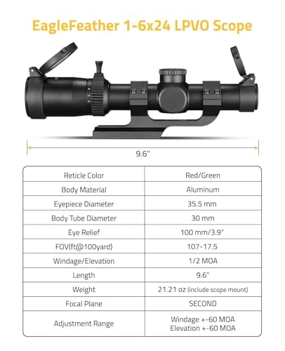 CVLIFE 1-6x24 LPVO Rifle Scope with Red/Green Illumination, 30mm Mount, CQB Model
