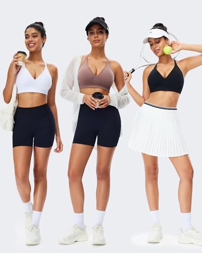 Women's Sports Bras Deep V Neck Adjustable Y Back Spaghetti Strap Racerback Padded Wireless Yoga Workout Tops - 3 Pack, Medium, Black White Brown