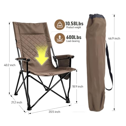 Khaki Portable Folding Camping Chair with High Back and Storage Bag