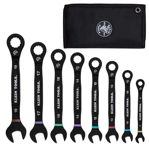 Klein Tools 69408MG Ratcheting Combination Wrench Set, 8-Piece Metric, 90-Tooth, I-Beam Handle, Color-Coded Sizes