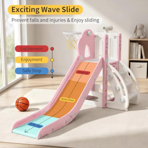 Pink 6 in 1 Toddler Indoor Outdoor Slide for 1-3 Year Olds, Foldable Playset