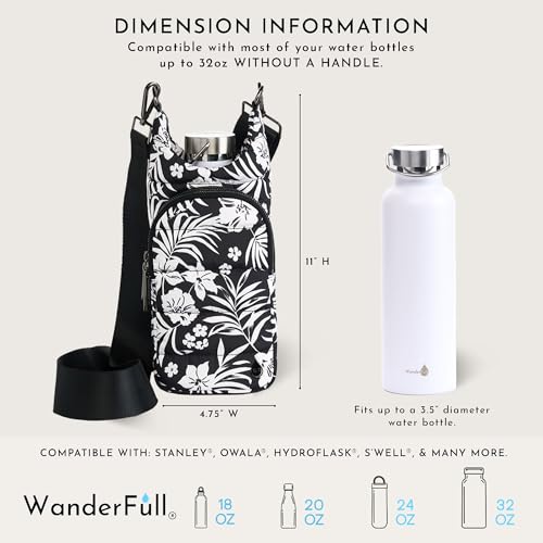 WanderFull HydroBag Water Bottle Carrier with Phone Pocket - Tropical Black & White Floral