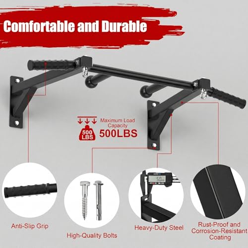 HWOOUSA 24'' Wall Mount Heavy Duty Steel Pull Up Bar | Multi Grip Home Gym Equipment