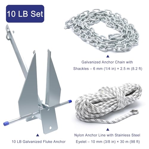 10lb Galvanized Boat Anchor Kit with 98ft Rope & 8ft Chain - Small Watercraft