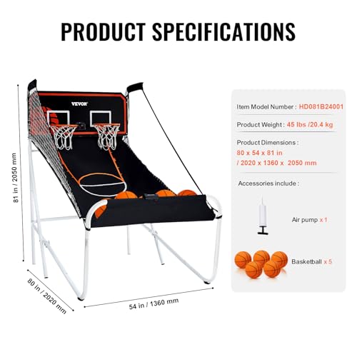 VEVOR Foldable Indoor Basketball Arcade Game 2 Player with 8 Game Modes & Scoreboard