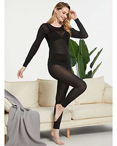 XX-Large Women's Mulberry Silk Thermal Underwear Set Black - Viamulion
