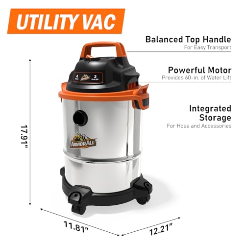 4-Gallon Wet Dry Vacuum with 3 Peak HP Stainless Steel Tank, Portable & Multi-Use