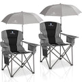 Black 2 Pack Oversized Camping Chairs with Adjustable Umbrellas and Padded Backrest