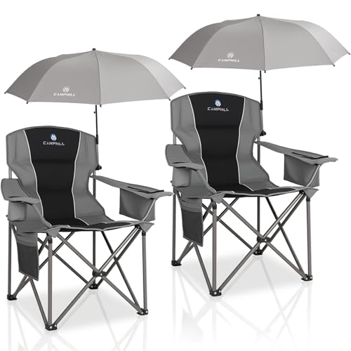 Black 2 Pack Oversized Camping Chairs with Adjustable Umbrellas and Padded Backrest