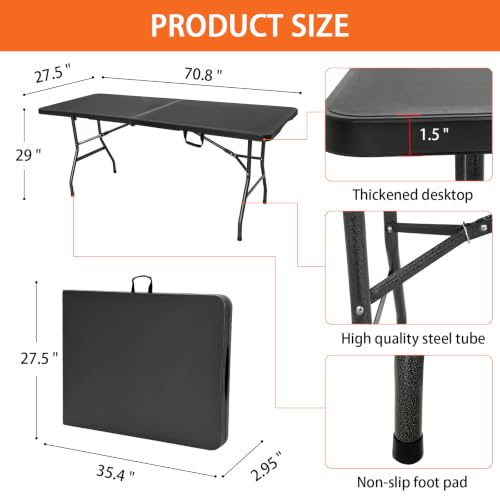 Jynooer 6ft Black Heavy Duty Folding Table Portable Indoor Outdoor