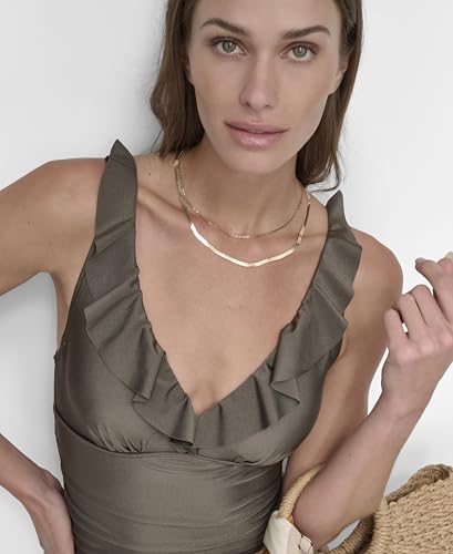 DKNY Women's Ruffle V-Neck One-Piece Swimsuit with Tummy Control - Large Bronze