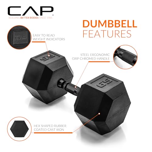 CAP 65 lb Black Rubber Coated Hex Dumbbell - Anti-Roll, Comfort Grip Handle