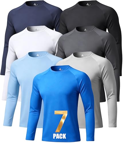 Men's Long Sleeve Sun Protection Base Layer Shirts - 7 Pack Light Drey & Colors