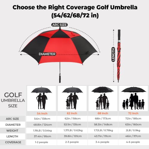 Golf Umbrella 54-72 Inch Windproof Waterproof Double Canopy Auto Open Black/Red 72 Inch