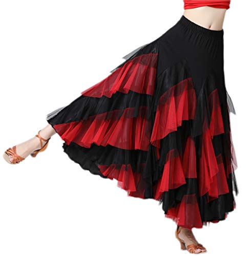 Women’s Ballroom Latin Dance Skirt - Long Tiered Swing Skirt with Elastic Waist, One Size - Black & Red