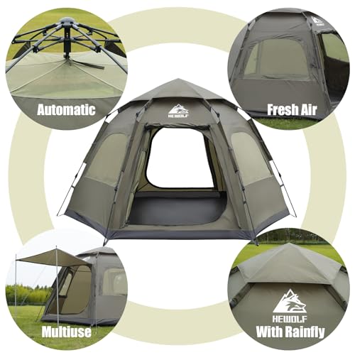 Hewolf 2-4 Person Instant Pop Up Camping Tent - Waterproof Hexagonal Dome, Dark Green