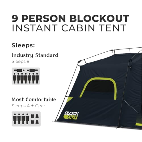 9 Person Blackout Instant Cabin Tent - Large Family Pop Up Dark Room Camping Shelter