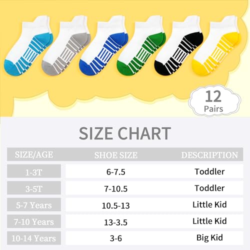 Kids Athletic Socks with Tab - 12 Pairs, Boys 1-14 Years, Multicolor Variation 10-14 Years B