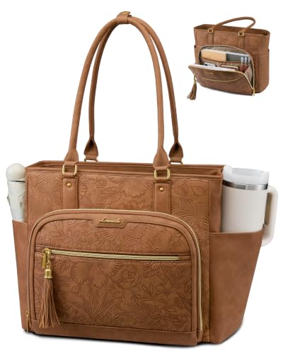 Yellow-Brown Embossed Leather Laptop Tote Bag for Women 17.3 Inch Waterproof Business Shoulder Bag with Cup Holder
