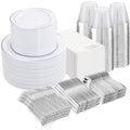 Silver Disposable Plastic Plates Set for 100 Guests - Includes 100 Dinner & Dessert Plates, 300 Cutlery, Cups, Napkins - Elegant Partyware
