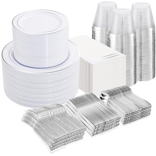 Silver Disposable Plastic Plates Set for 100 Guests - Includes 100 Dinner & Dessert Plates, 300 Cutlery, Cups, Napkins - Elegant Partyware