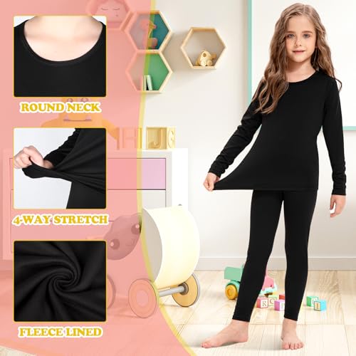 Girls Thermal Underwear Set 5-Piece Fleece-Lined Base Layer for Winter - Medium / Black, Grey, Pink, Beige