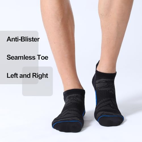 Men's Ankle Running Socks 6 Pack - Low Cut Cushioned Athletic Socks Black+Blue 9-12