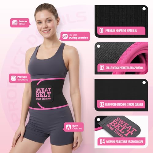 Pink Waist Trainer for Women S - Sweat Waist Trimmer Belt & Stomach Wrap, Fitness & Weight Loss