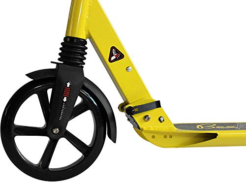 Bee Free XLT Adjustable Handlebar Kick Scooter for Adults and Teens, Yellow, Foldable, Anti-Shock Suspension, Rear Foot Brake, 12+